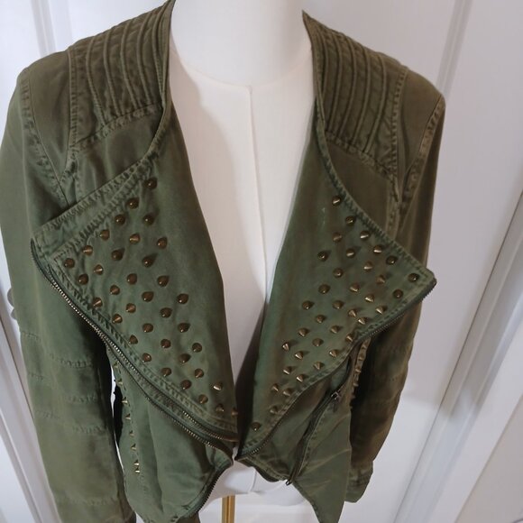 Forever 21 Studded Moto Jacket Women’s Medium Olive Green Open Front - Picture 4 of 6